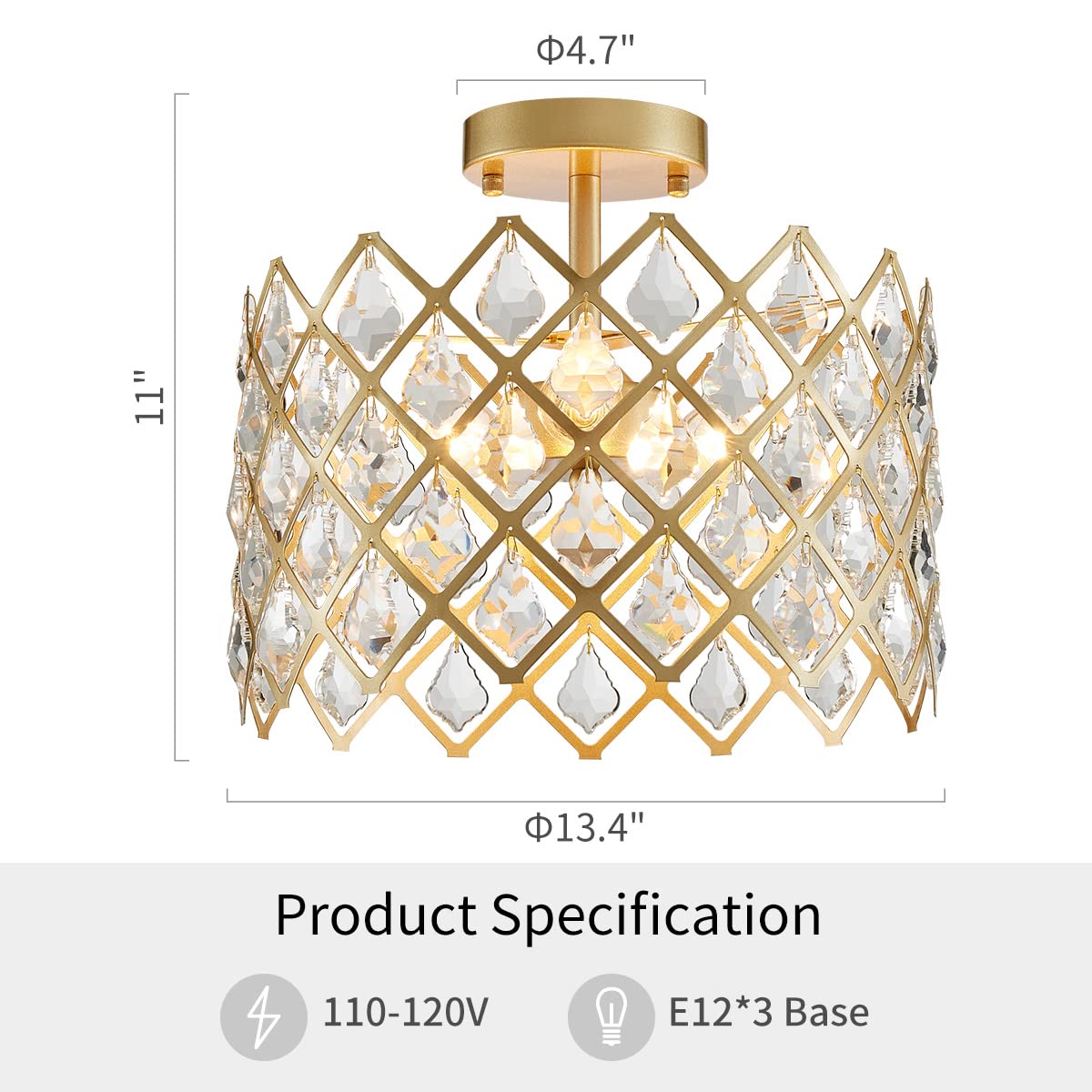 WUZUPS Crystal Chandelier 3-Light Semi-Flushmount Ceiling Light